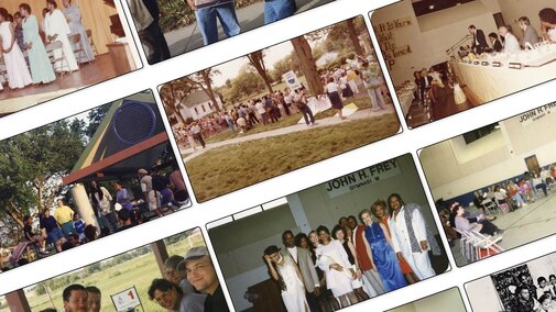 A collage of photographs showing various group gatherings, including stage performances, outdoor events, and indoor banquets.