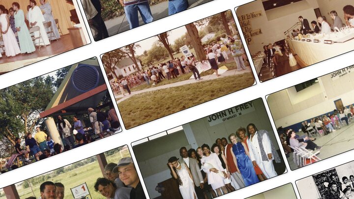 A collage of photographs showing various group gatherings, including stage performances, outdoor events, and indoor banquets.